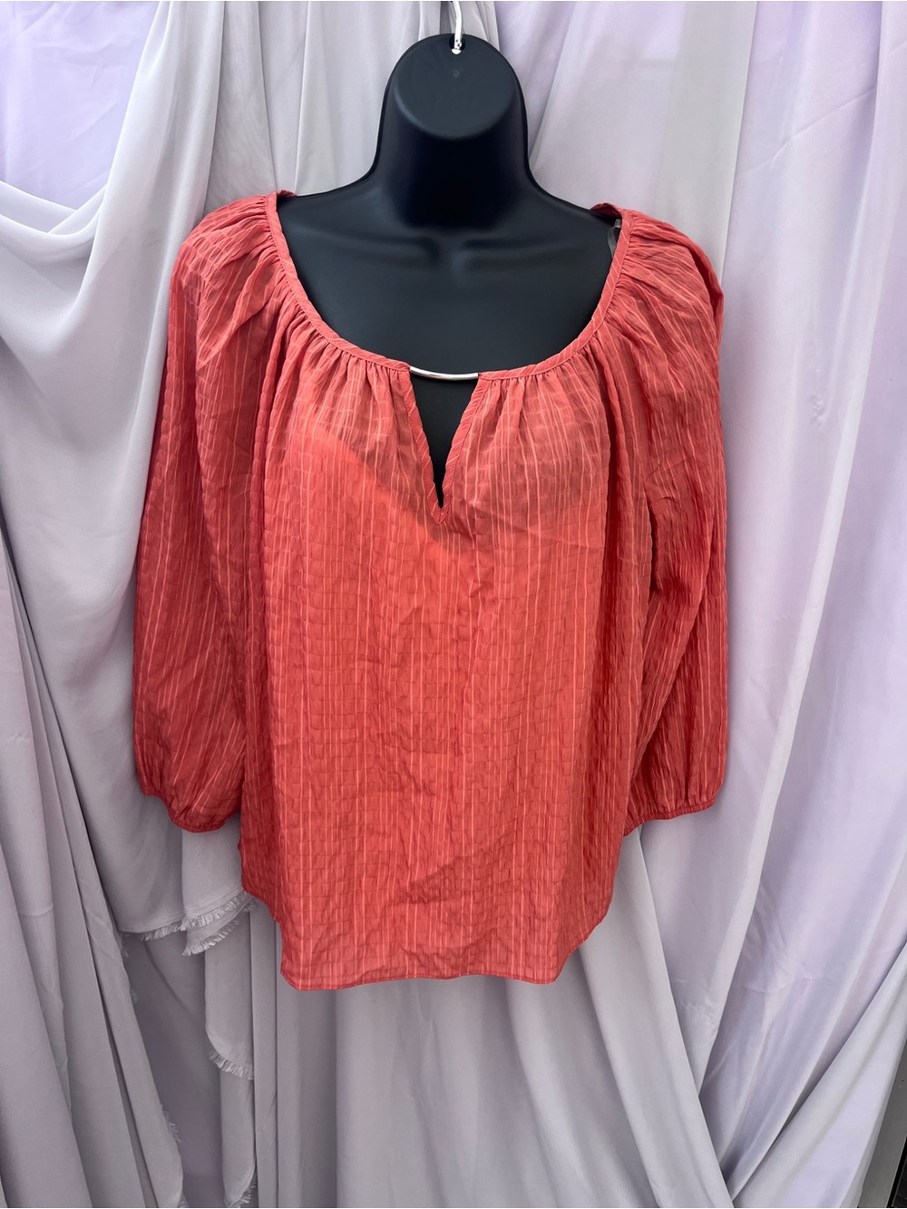 Boho Split-Neck Peasant Blouse in Coral
